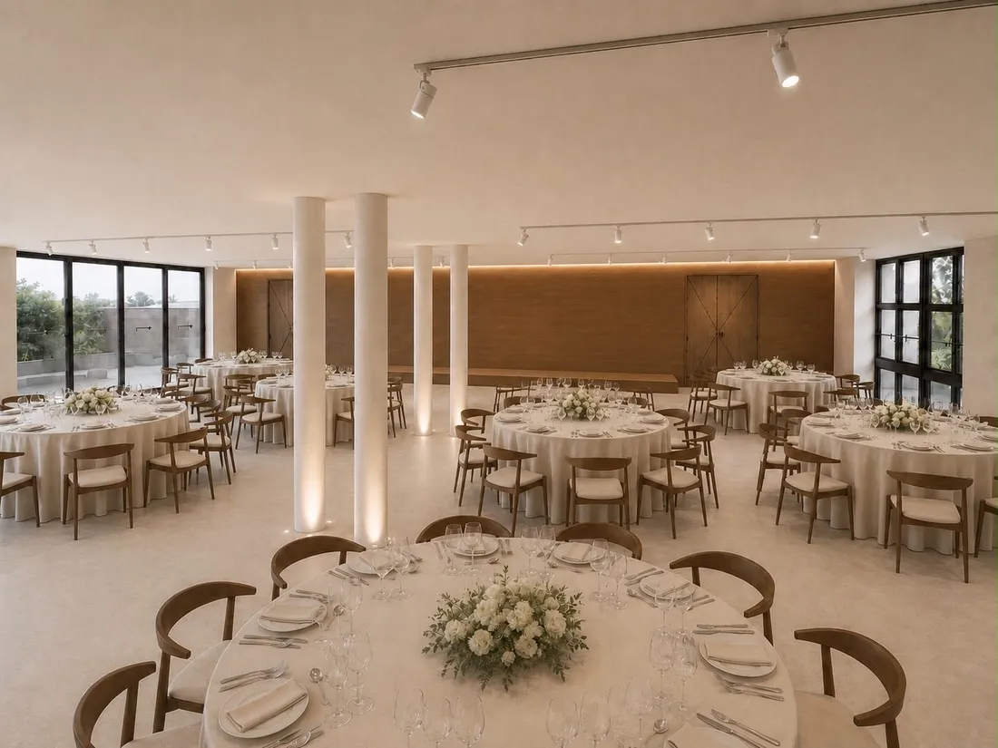 Salle de réception dressée pour un événement, tables rondes et bouquets blancs