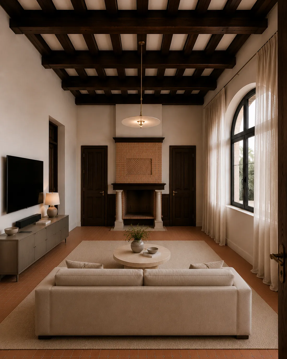 Salon cosy du Domaine avec cheminée en briques et lumière chaleureuse